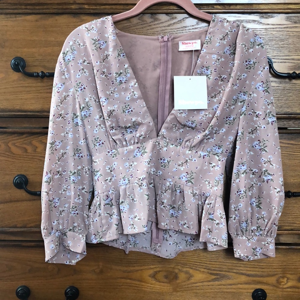 Tan Floral Peplum Plunge Blouse